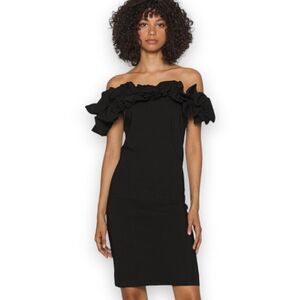 Y•A•S YASCARRIE Black Off The Shoulder    Ruffle Trim Mini Sheath Dress US XS